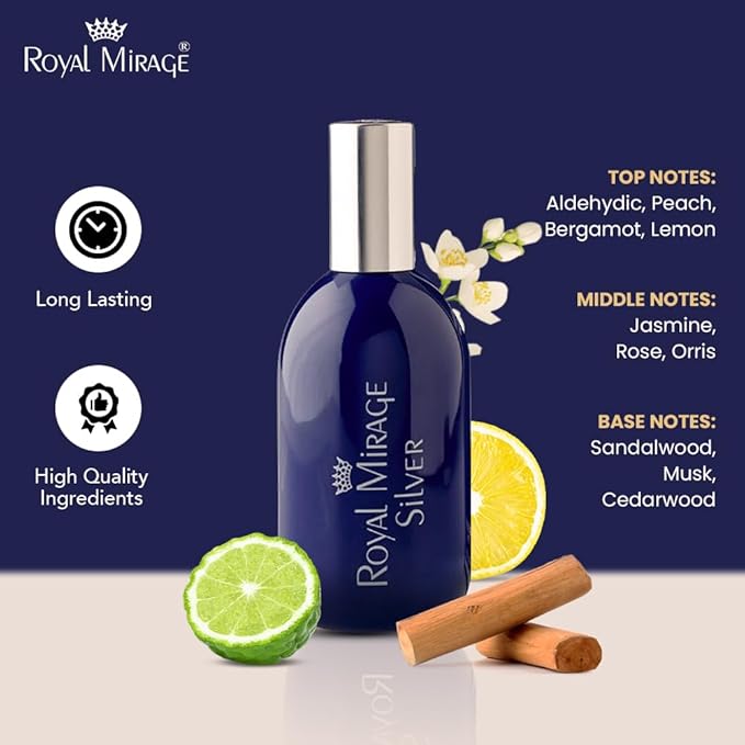 Royal Mirage Silver Eau de Cologne - Premium Floral & Woody Fragrance Spray - 120ml (4 oz) Long-Lasting EDC - Authentic Heritage Scent