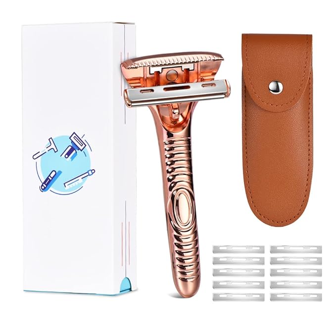 Single Blade Razors for Men and Women, Reusable Modular Safety Razor with Magnetic Head and Metal Non-Slip Grip, 10 Single Edge Razor Blades & Leather Case,Rose Gold Roller