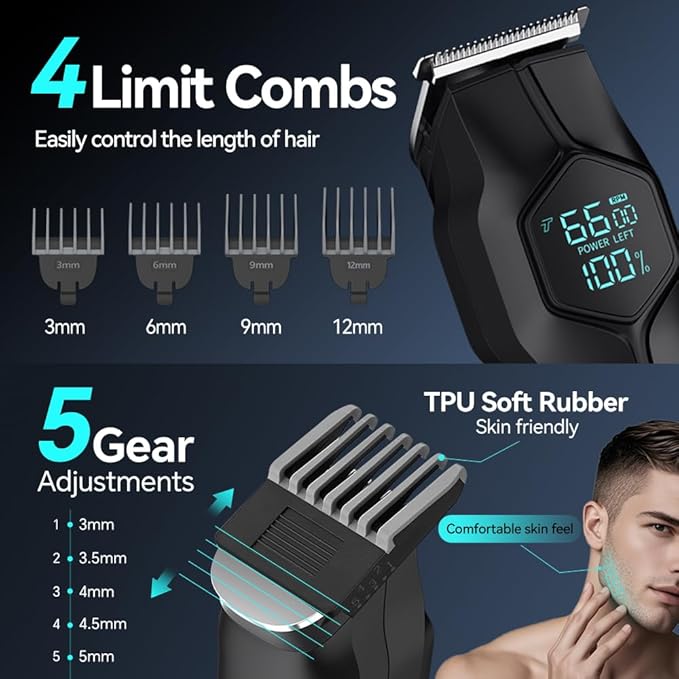 5-in-1 Electric Beard Trimmer Magnetic Replacement Heads, Professional Cordless Hair Clippers for Men Rechargeable, IPX7 Waterproof Grooming Kit for Face, Mustache, Body, Nose, Gifts for Men (Black)