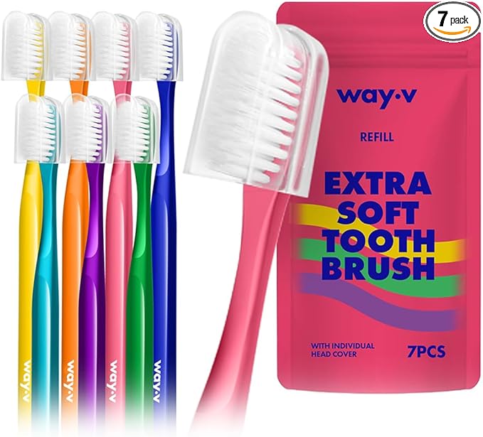 Way.V Extra Soft Toothbrush 7 Pack for Sensitive Gums and Teeth 3000 Ultra Gentle Bristles Brushes with Hygienic Head Covers Friendly Dentist Recommended BPA Free - Family Refill Pink 7 Pack