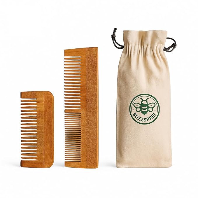 Natural Neem Wood Comb Set of 2 (Plain & Shampoo Lily) | Wide & Fine Tooth Wooden Hair Pick Comb Set for Men & Women | Eco-Friendly, Plastic-Free Wooden Combs for Daily Grooming | Curly & Texted