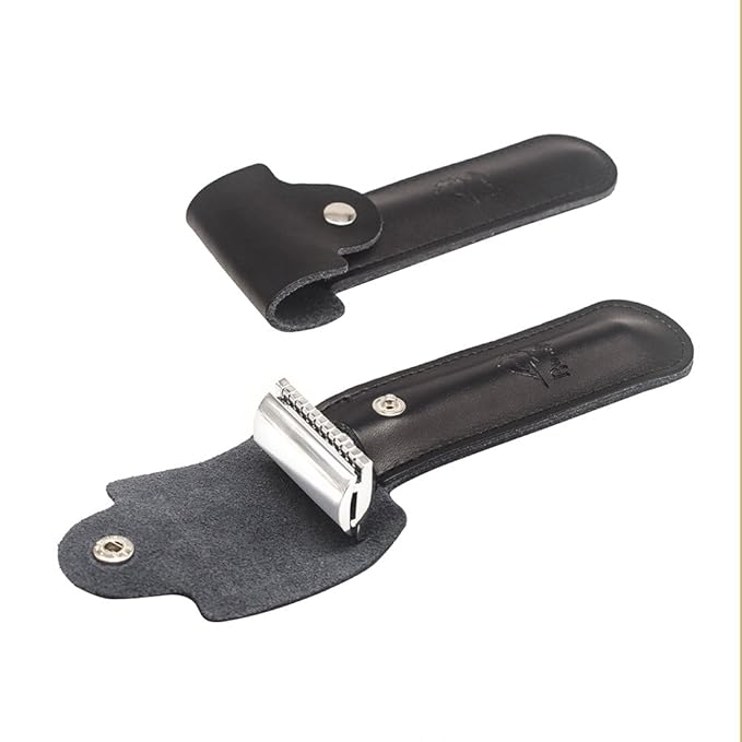 RIVERLAKE Genuine Leather Protective Travel Case for Safety Razor - Double Edge Safety Case Cover Shaving Pouch Holder - Black