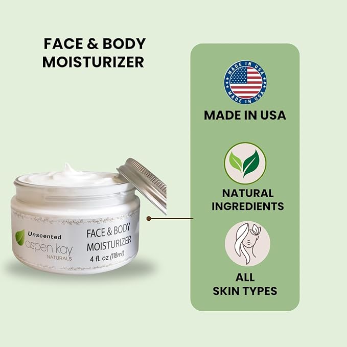 Aspen Kay Naturals Face & Body Moisturizer - Natural Moisturizing Face Cream for Sensitive Skin - Light, Non-Greasy & Fast Absorbing - Natural Face Moisturizer for Women & Men - Unscented - (4 ounces)