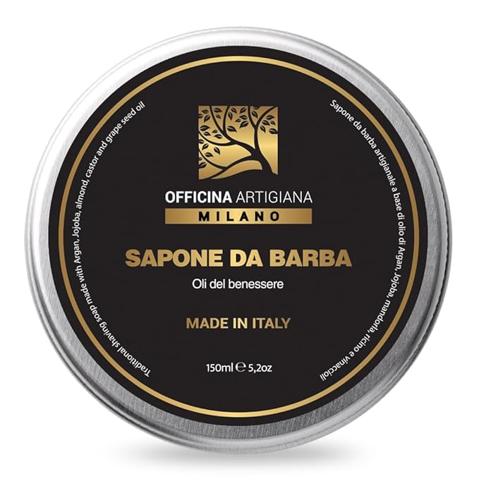 Officina Artigiana Milano Traditional Shaving Soap 150 ml – Luxury Italian artisan wet shaving bar with 40% wellness oils & shea butter – almond‑scented – vegan skincare
