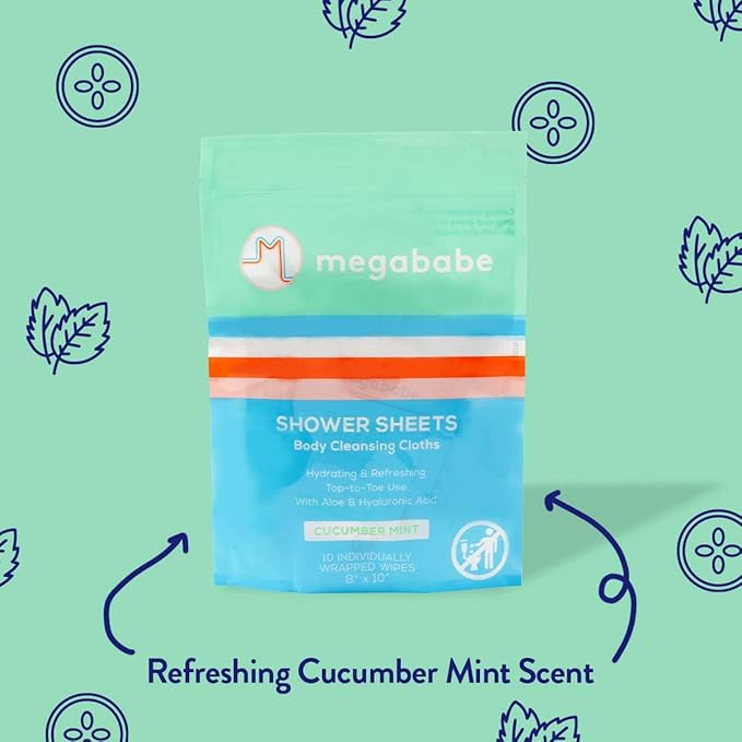 Megababe Cucumber Mint Shower Sheets | Individually Wrapped Body Cleansing Cloths | 10 Wipes (Pack of 1)