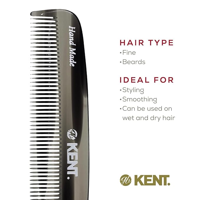Kent 7T G All Fine Tooth Pocket Comb-Handmade Hair Comb for Grooming and Styling-Travel Comb for Hair Care,Mustache and Beard Care, Use Dry or with Balms, Saw Cut and Hand Polished for Wet or Dry Hair