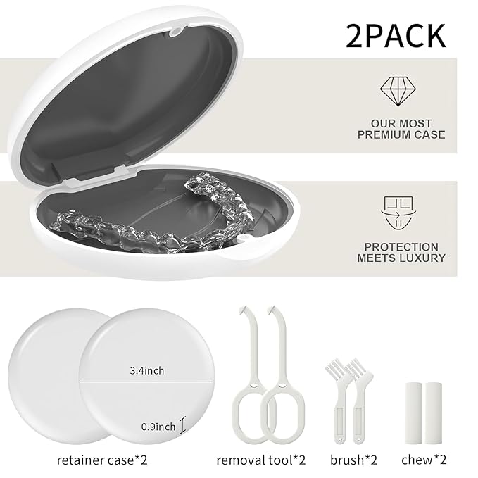 2 Pack Retainer Case, Compatible with Invisalign, Slim Aligner Case with Removal Tool, Aligner Seaters & Brush, Pocket Size Secure Magnetic Closure for Travel - White