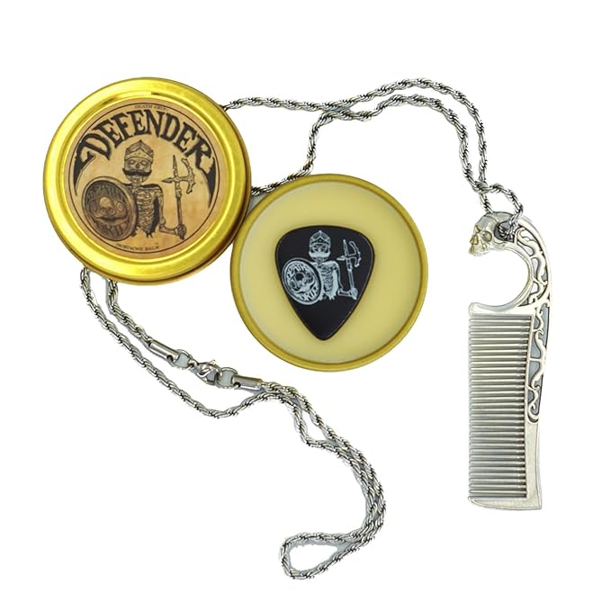 Defender Mustache Balm 1 oz Tin & Necklace Death Grip Mustache Comb Mens Combo Kit - Grooming For Men Handlebar Moustache