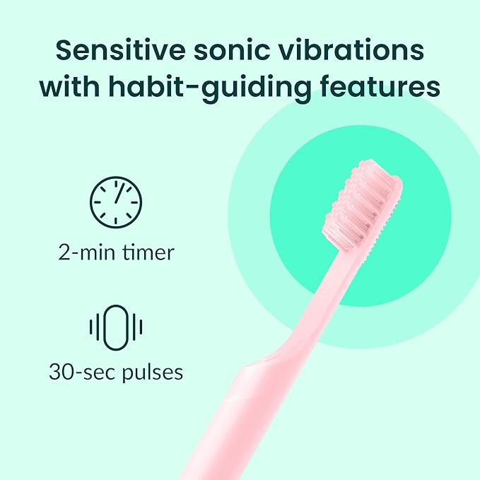 Quip Smart Sonic Toothbrush for Adults - Timed Electric Toothbrush with Bluetooth & Rewards App - Replaceable Brush Head, Soft Bristles, Metal Handle, 3 Month Battery Life - Travel Brush - All-Pink