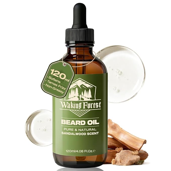 Waking Forest Beard Growth Oil for Men, Natural Sandalwood with Argan, Castor & Biotin, Vitamin E, Nourishes Thicker Softer Fuller Beard, Premium Gift for Bearded Gentlemen (120ml / 4 fl oz)