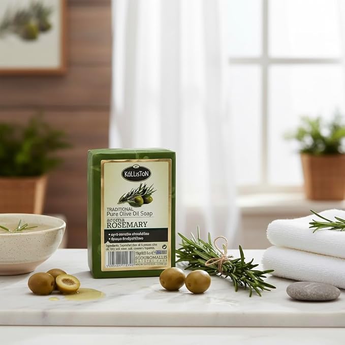 Kalliston, Rosemary & Olive Oil Soap Bar, Pumice Stone included, all natural, hypoallergenic, product of Crete, Greece, pack of 4