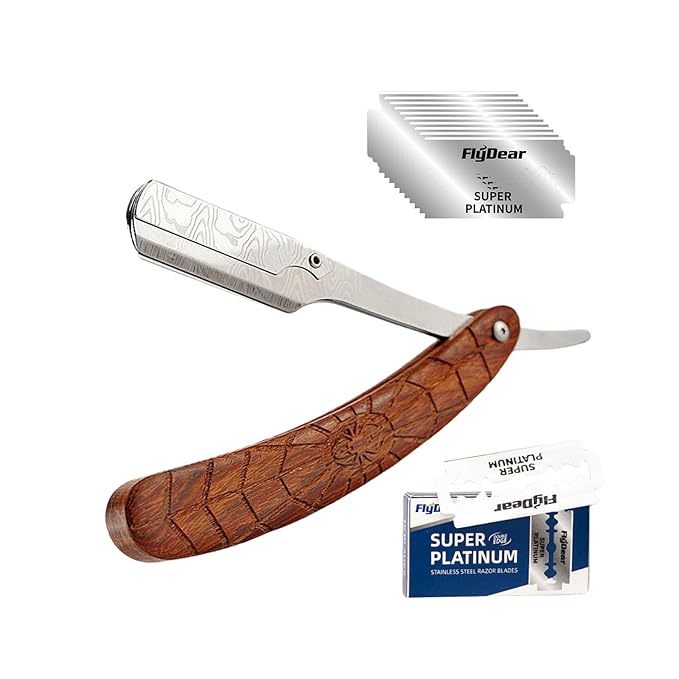 Straight Razor For Men - Premium Stainless Steel Barber Shaving Kit With Wooden Handle & Safety Guard, Single Blade Precision For Smooth Shaving With 10 Blades, Brown Spider Wood Handle