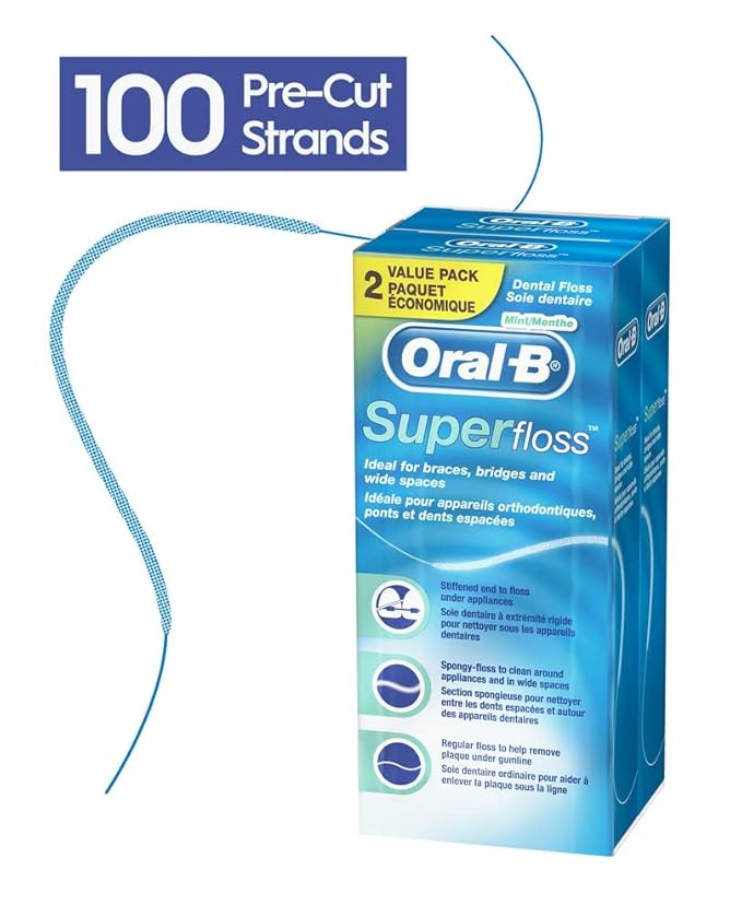 Oral-B Dental Floss for Braces, Super Floss Pre-Cut Strands, Mint, 50 Count, Pack of 2