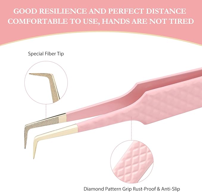 Lash Tweezers Set for Eyelash Extensions - 3 Precision Fiber Tip Diamond Grip, Volume,L-shape Boot, 90 Degree Lash Tweezers for Volume Classic Lashes Premade Fans (3)