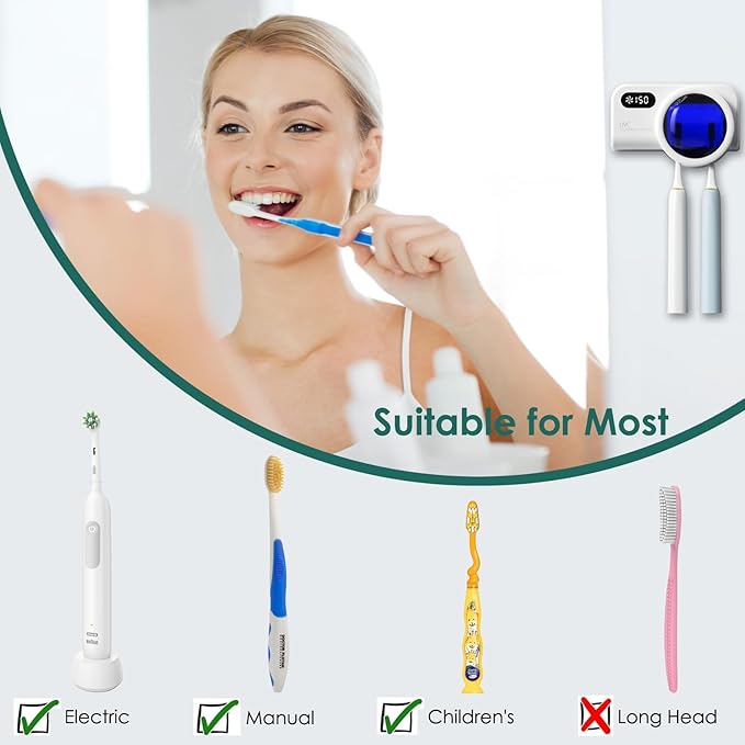 Toothbrush Holder & UV Sanitizer, FullHouse Toothbrush Cleaner with Air Drying and Rechargeable, Bathroom Wall Mounted, for All Electric & Manual Toothbrush