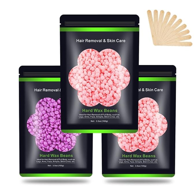 Wax Beads for Hair Removal 10.5oz (300g), Auperwel Hard Wax Beads Beans for Sensitive Skin Brazilian Waxing, Face, Bikini, Eyebrow, Legs, Painless for Women Men, 3 packs Kit with 10 Sticks