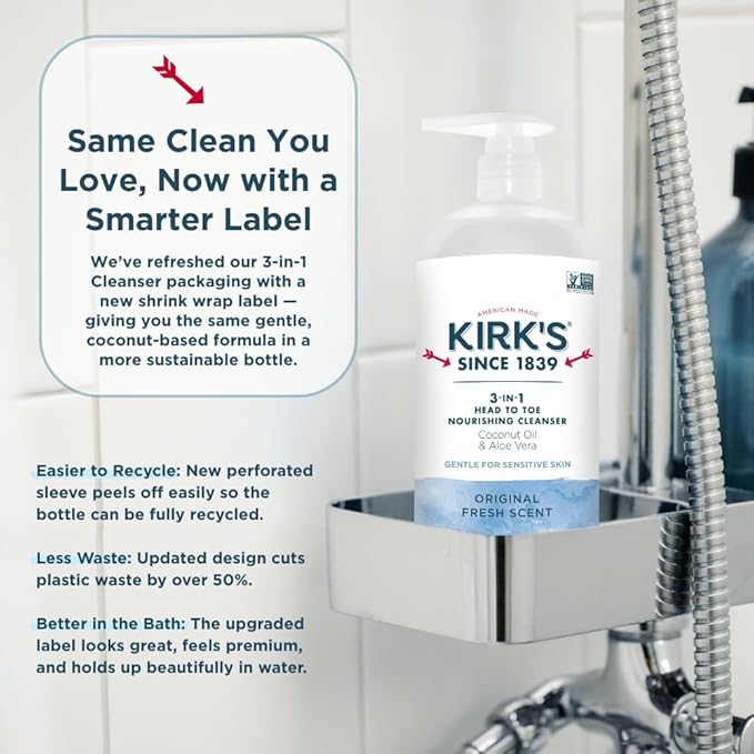 Kirk's 3-in-1 Head to Toe Nourishing Liquid Cleanser- for Men, Women & Children - Premium Coconut Oil & Aloe Vera- Non GMO & Vegan -Original Fresh Scent - 32 Fl Oz