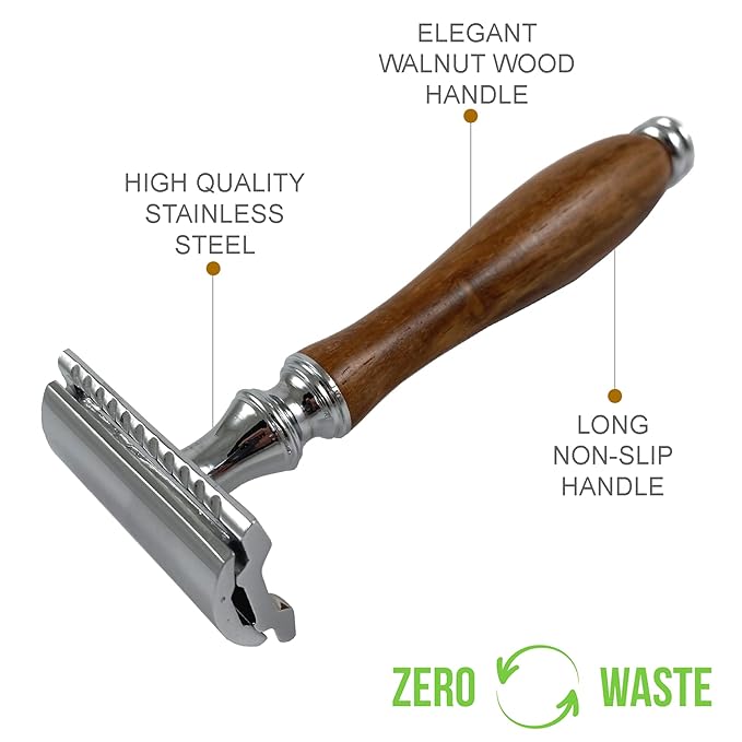 (4.5 Inch) Long Wood Handle Safety Razor for Men Women - Double Edge Manual Razor - Fits All Double Edge Razor Blade - Comes With 5 Shaving Blades, Brown