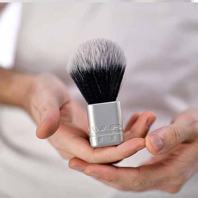 HYPE Vegan Shave Brush – Premium Synthetic Fibers, CNC Machined Aluminum Handle – Whips Up Luxurious Lather for a Smooth, Precise Shave - Silver