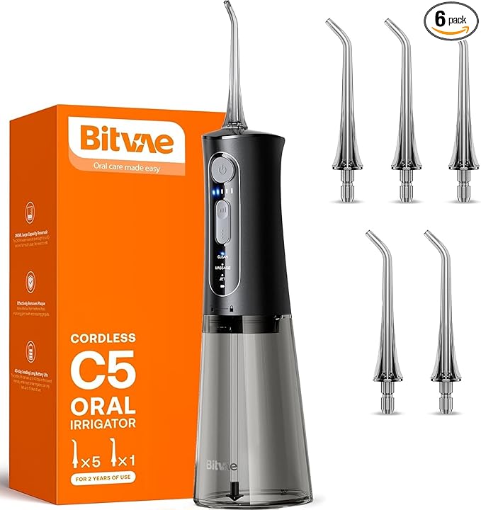 Bitvae Water Dental Flosser for Teeth, Cordless Water Teeth Cleaner Picks, 3 Modes 5 Intensities, IPX7 Waterproof, Rechargeable Water Dental Picks for Cleaning - Black