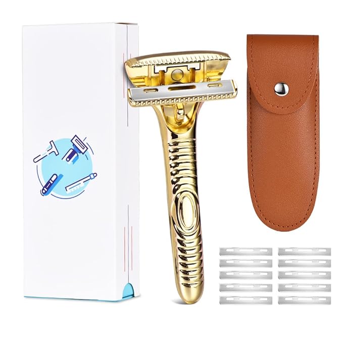 Single Blade Razors for Men and Women, Reusable Modular Safety Razor with Magnetic Head and Metal Non-Slip Grip, 10 Single Edge Razor Blades & Leather Case,Gold Whiskers