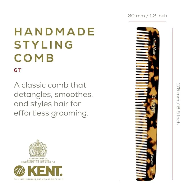 Kent 6T TY Fine Tooth and Wide Tooth Hair Comb, Handmade Styling Comb for Hair Care, Barber Combs, Beard Combs For Men, Styling Grooming for Men, Women and Kids
