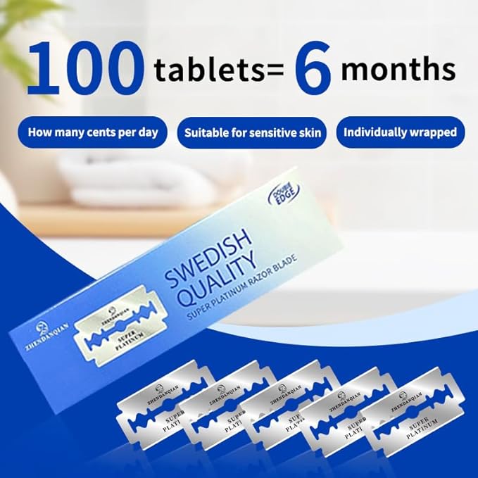 Super Platinum Double Edge Razor Blades, Swedish Quality, 100 Pack, Sharp Non-Irritating, 1.69 x 0.87 Inch, 6-Month Supply
