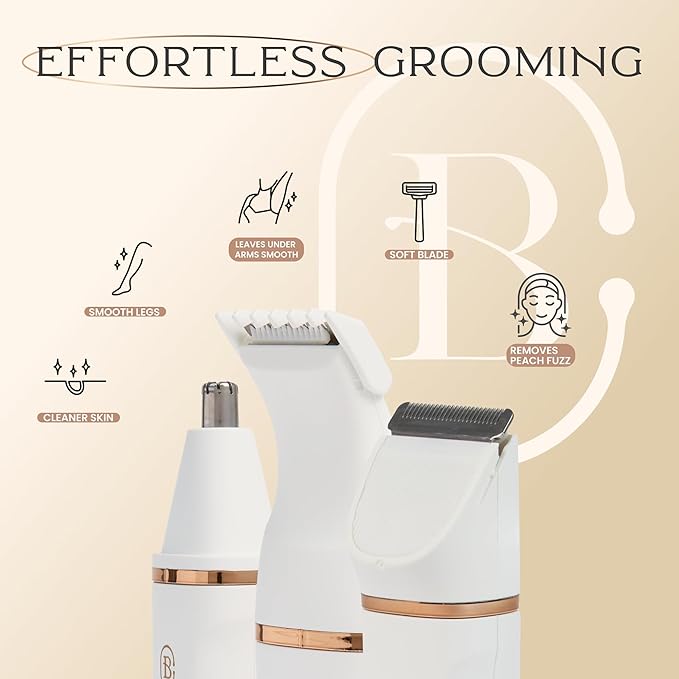 Bella Ciao 10-Piece Electric Trimmer Set for Women, Body and Bikini Hair Trimmer with Ceramic Blade, Ear and Nose Hair Remover, Detail Heads, Comb Guides, Charging Dock and USB Cable