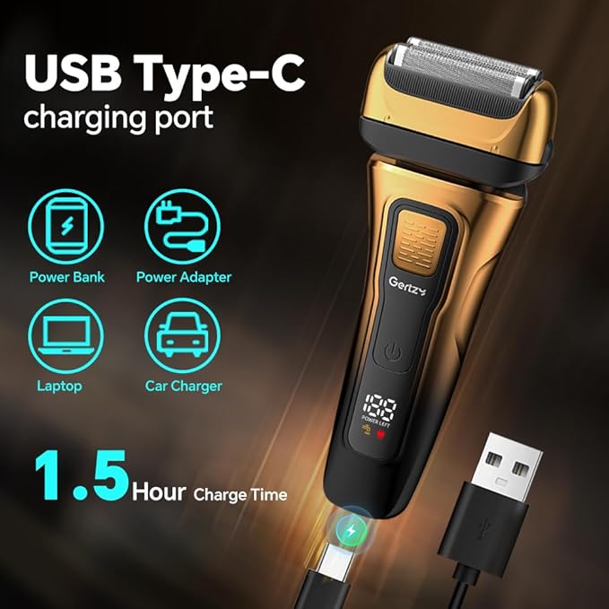 Gertzy Electric Shaver for Men Face, Men's Razor, Cordless Beard Foil Shavers with Pop Up Trimmer, Wet Dry Waterproof Rechargeable Type-C Charging, LED Display (Gold)