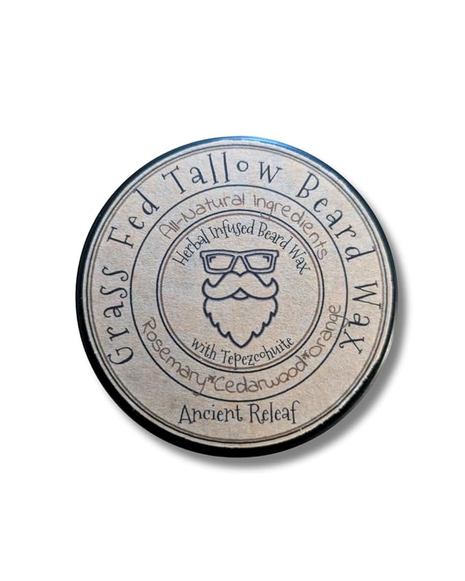 Ancient Releaf Grass-Fed Beef Tallow Beard Wax with Tepezcohuite, All-Natural, Shaping, Sculpting, Mustache and Beard, Natural Hold, Grooming for Men 2oz. Tin