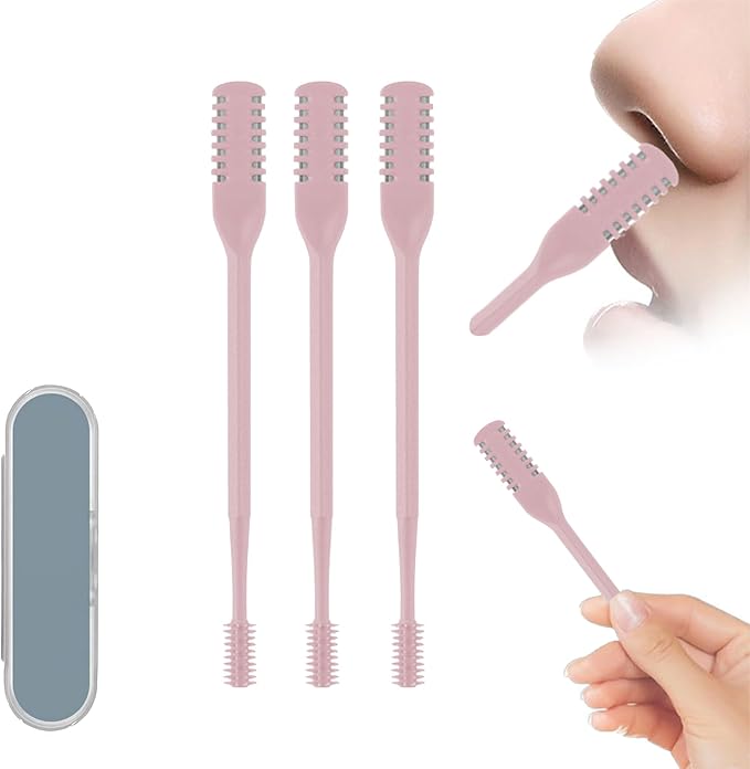 3 Pcs 2-in-1 Nasal Hair Trimmer Set, 360° Rotating Double-Sided Nose & Ear Hair Cutter for Men & Women, Portable Nostril Grooming Tool with Soft Cleaning Brush (Pink)