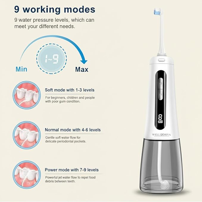 Cordless Water Dental Flosser – Power Dental Flosser for Teeth & Gums, 9 Pressure Levels, 300mL Tank, USB-C Rechargeable Oral Irrigator, IPX7 Waterproof for Braces & Travel – Wellooriya (White)