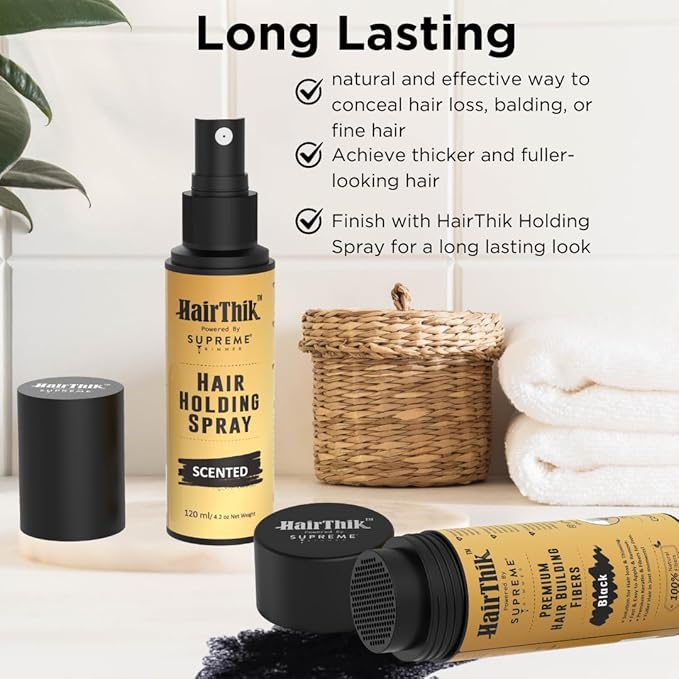 Supreme Trimmer Hair Fibers 9-in-1 Kit | 25G Keratin Fibers, Pump Nozzle, Hairline Cards, S&L Shaker, Brush, Wipes, Mirror, Hold Spray | Conceal/Thicken Thinning Hair in Men & Women | Black