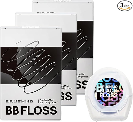 Brushmo Black Floss (BBFloss) - Expanding Floss, Gum-Friendly Soothing Mint Dental Floss, Natural Vegan Wax to Remove Plaque from Teeth, Dentist Designed PTFE & PFAS Free Oral Care, 3 Spools, 163 yd