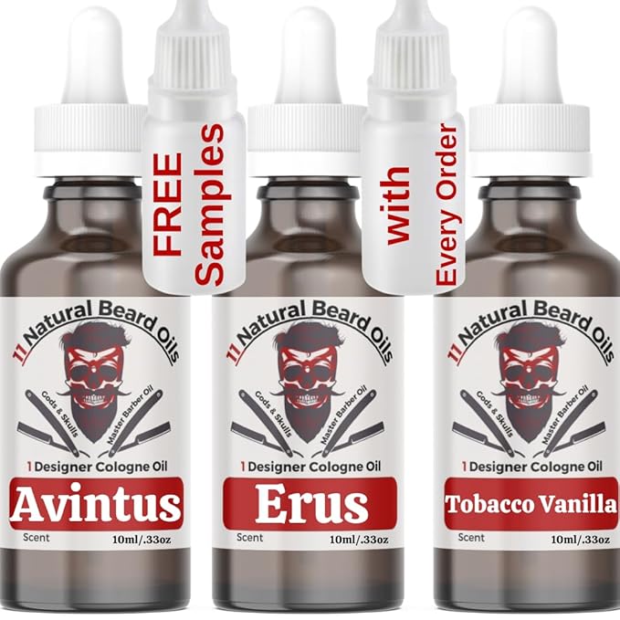 3 Bottle Sample Pack 11 Natural Anti-Aging Cologne Scented Beard Oils For All Men, Beard Growth and Conditioner | Dry Flaky Dandruff skin | Oily Skin ( Avintus, Exclusive, Tobacco Vanilla )