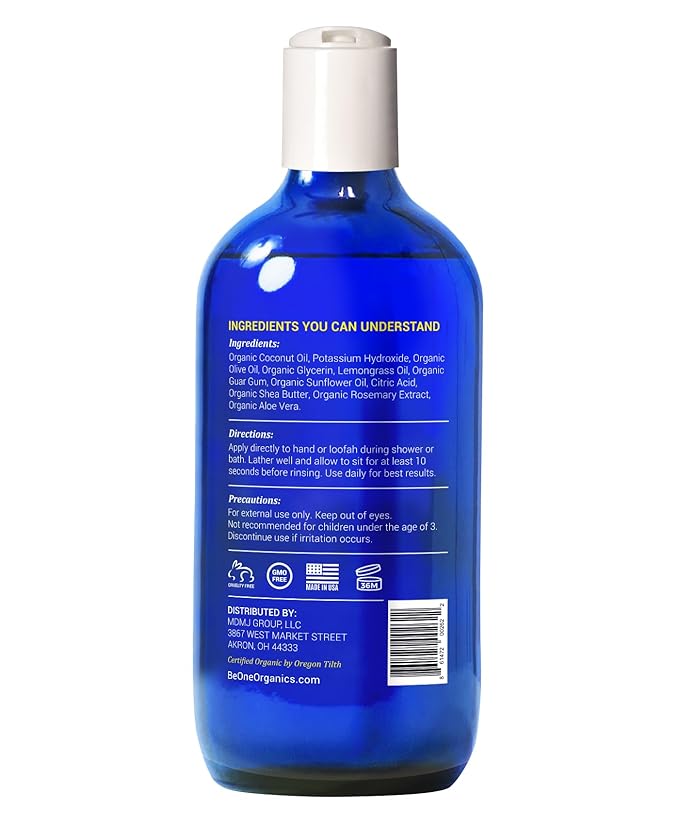 Certified Organic Lemongrass Body Wash Body Wash - Paraben & Sulfate Free - All Natural - Eczema - Sensitive Skin - Vegan - Gentle - For Men & Women - MADE IN USA