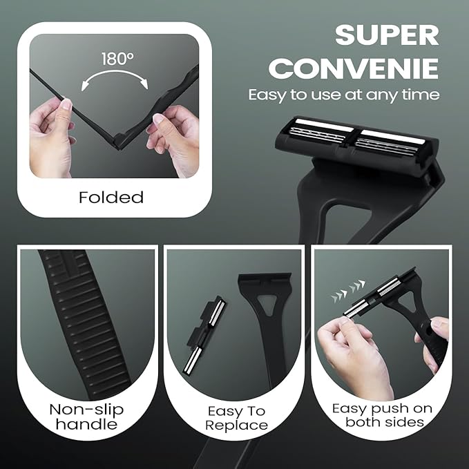 Back Shavers for Men with Foldable Long Ergonomic Handle: DIY Hair Shaver, Replaceable Safety Blade & Portable Razor Groomer for Men, Wet & Dry Shaving,Black (8PCS Blades Included)