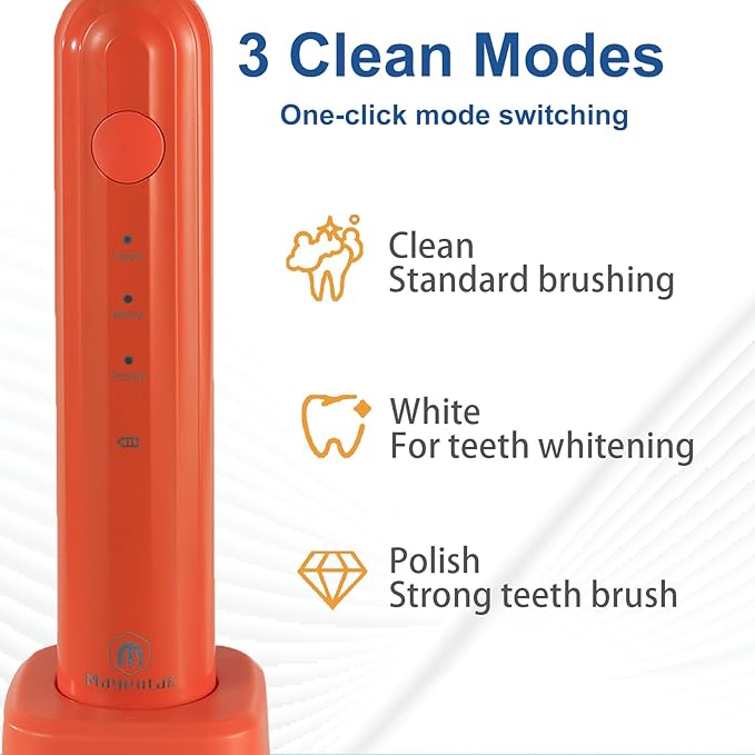 Ultrasonic U Shaped Toothbrush for Adults, Electric Toothbrush for 360-degree Cleaning with Wireless Charging, Waterproof IPX7, 3 Modes for Teeth Whitening(Orange)