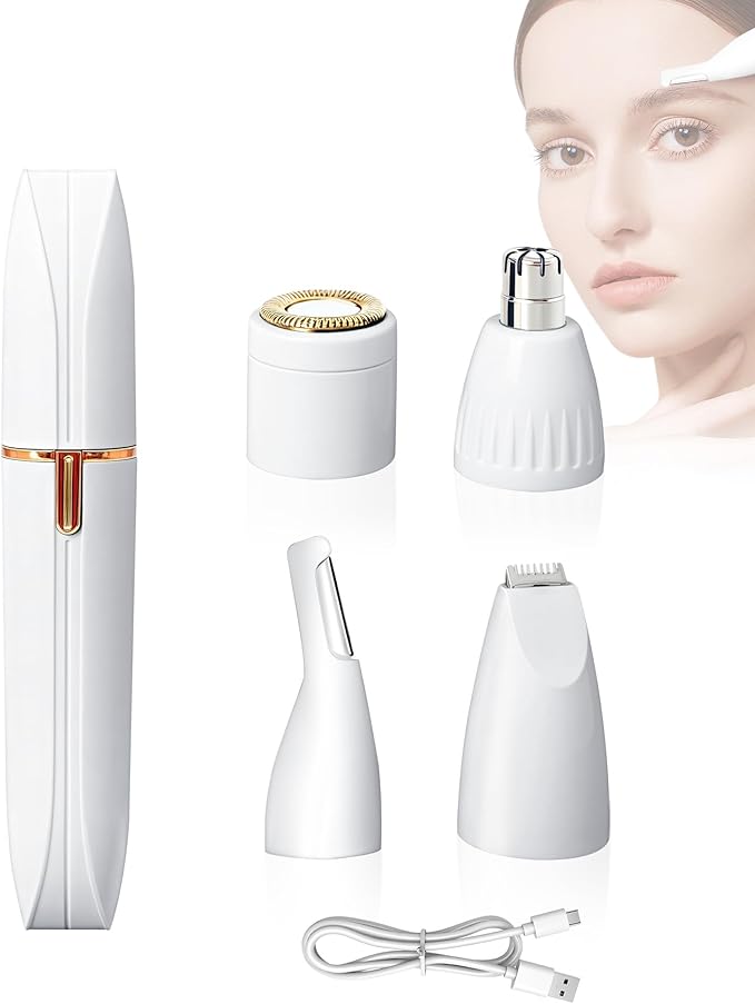 4-in-1 Facial Hair Trimmer for Women & Men - Eyebrow, Nose, Lips & Bikini Line Hair Removal, Rechargeable & Waterproof Personal Shaver, Painless & Portable for Travel Home Use