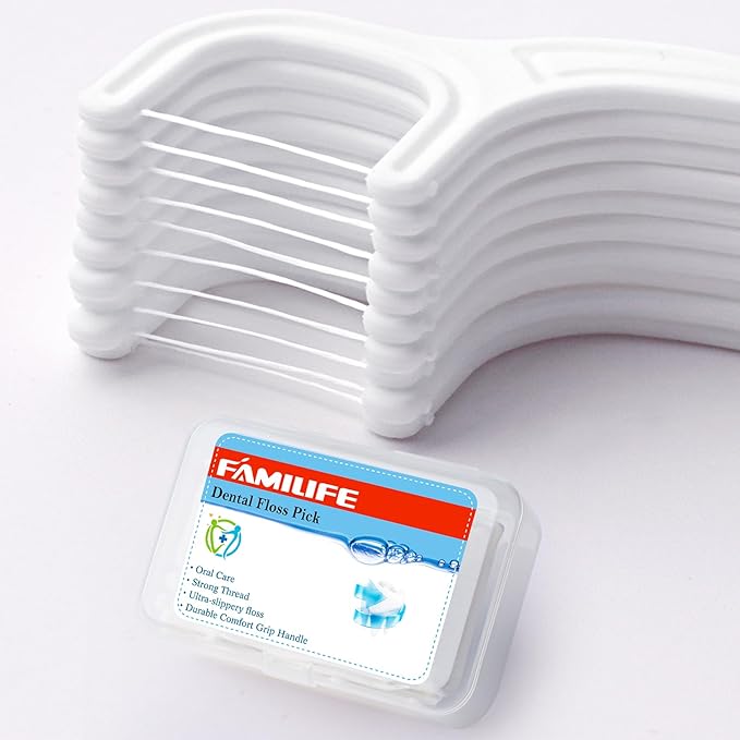 FAMILIFE Floss Picks, 200 Count Unflavored Dental Floss Cleaner, Tooth Picks Flossers with 4 Travel Handy Cases, Helps to Fight Tooth Decay and Keep Your Teeth Clean, Sticks for Family
