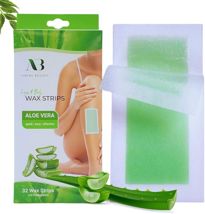 Amira Beauty - Waxing Strips Infused with Aloe Vera Pre Applied Ready to Use Hair Removal Wax Strips for Legs and Body Suitable for All Skin Types 64 Count