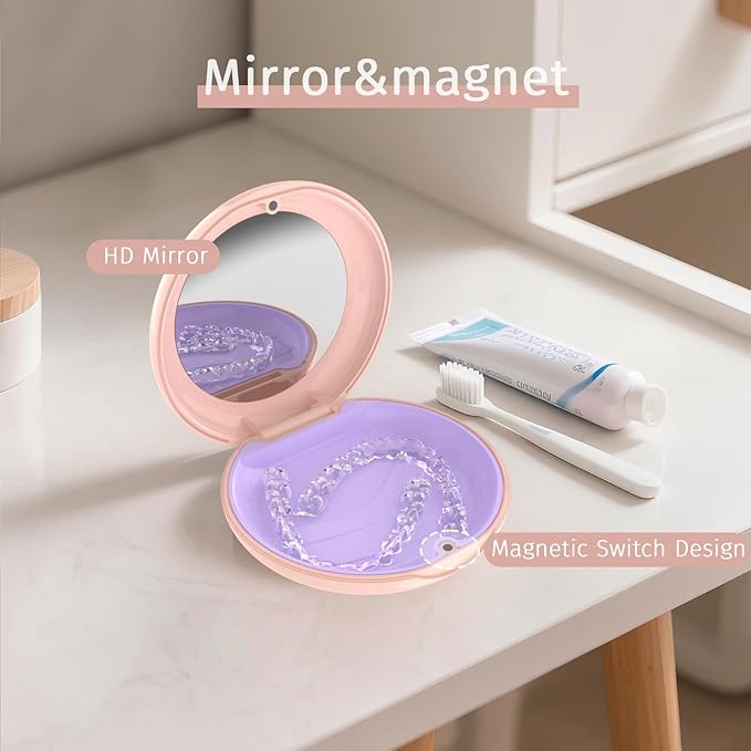 2 Pack Retainer Case with Mirror, Compatible with Invisalign, Orthodontic Aligner Case with Removal Tool and Brush, Pink