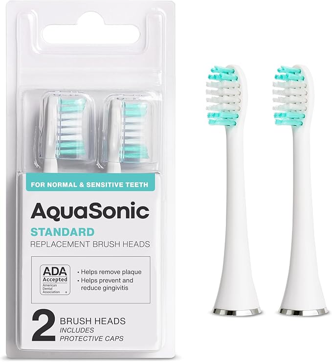 AquaSonic Genuine Standard Replacement Brush Heads | ADA Accepted | for Normal & Sensitive Teeth | Compatible with Many AquaSonic Toothbrush Handles (2 Pack White)