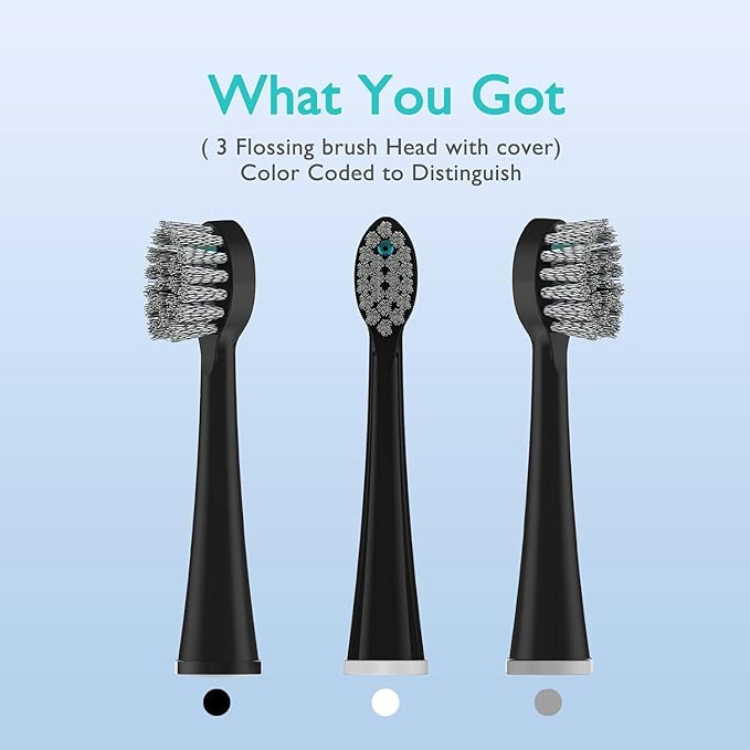 Replacement Brush Heads for Waterpick Sonic Fusion 2.0 - Flossing Toothbrush Head for with Color-Coded Rings & Hygienic Caps - 3 Pack Black Hard Bristles - Compact Size