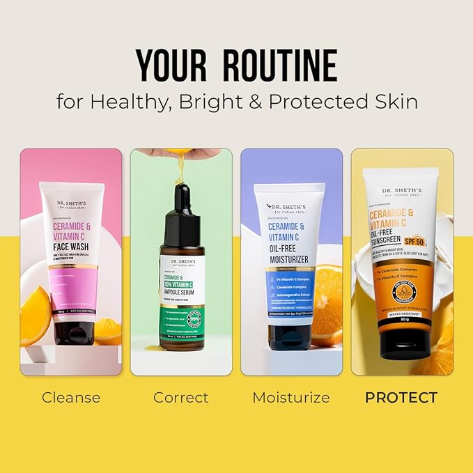 Dr. Sheth's Ceramide & Vitamin C Oil-Free Sunscreen SPF 50+ PA++++ | Non Greasy | For Oily Skin | For Men & Women | 50 g