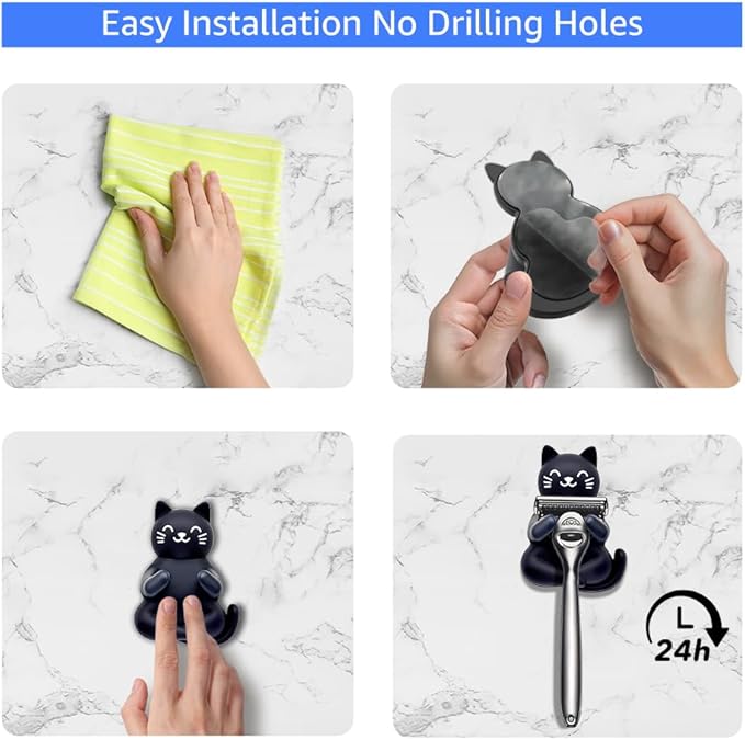 Cat Holder Shaver Organizer, Black Cat Bathroom Decor Razor Holder Wall Mount, Valentine's Day Birthday Gifts for Women Boyfriend Girlfriend, Emotiona Gifts for Wife Husband Dad Mom Cat Lover