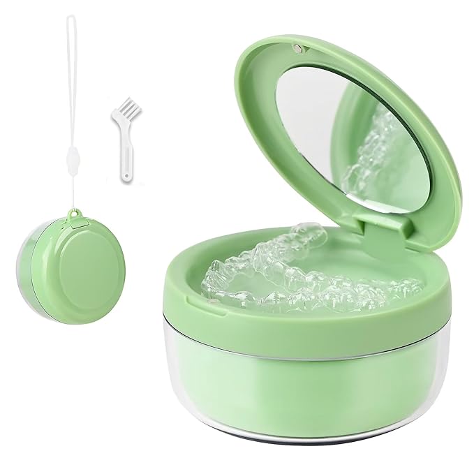 2-in-1 Retainer Cleaner Case with Mirror & Strainer, Portable Aligner Bath Soaking Cup for Travel, Cute Orthodontic Storage Box for Mouth Guard, Night Guard & False Teeth, Green