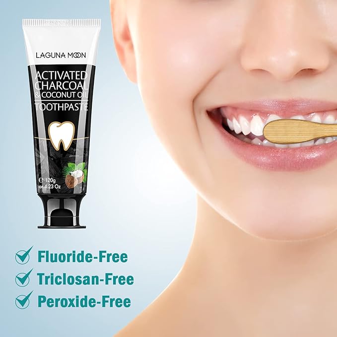 Lagunamoon Whitening Charcoal Toothpaste for Sensitive Teeth, Enamel Repair, Cavity Protection - Natural Toothpaste for Whitening, Removing Stains, Mint Flavor Freshen Breath Mint Gel - No Peroxide