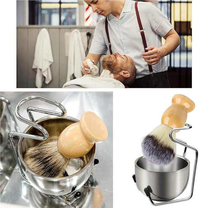 2 in 1 Shave Cup with Stand Holder Set Shaving Bowl with Stainless Steel Shaving Stand Brush Holder Set Razor Brush Bowl Grooming Tool for Men Beard Cleaning