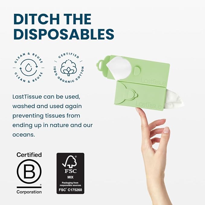 LastTissue® Reusable Cotton Tissue Pack | Face Towels & Handkerchiefs for Men & Women – Washable, Sustainable Facial Tissue with Storage Case - Green